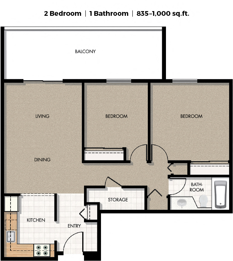 Floor plan for 2 beds, 1 bath, 1000 sqft